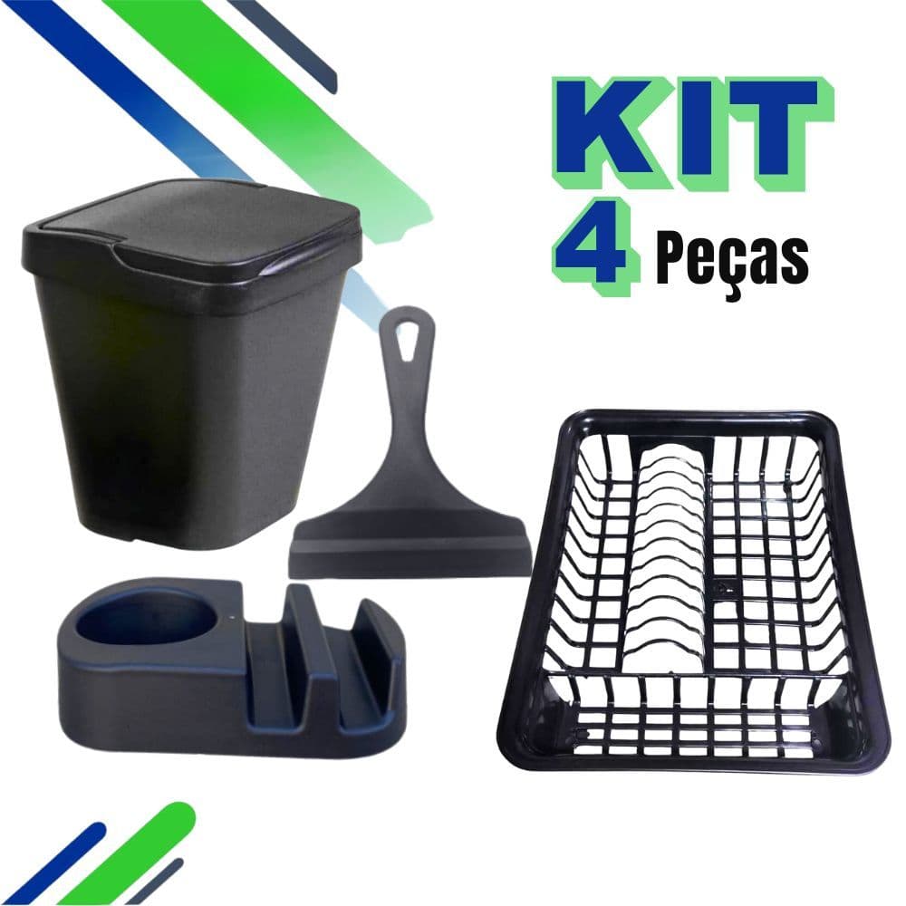 Kit Cozinha PRETO Porta Detergente / Rodo de Pia / Lixeira + Escorredor de Louça Area Gourmet