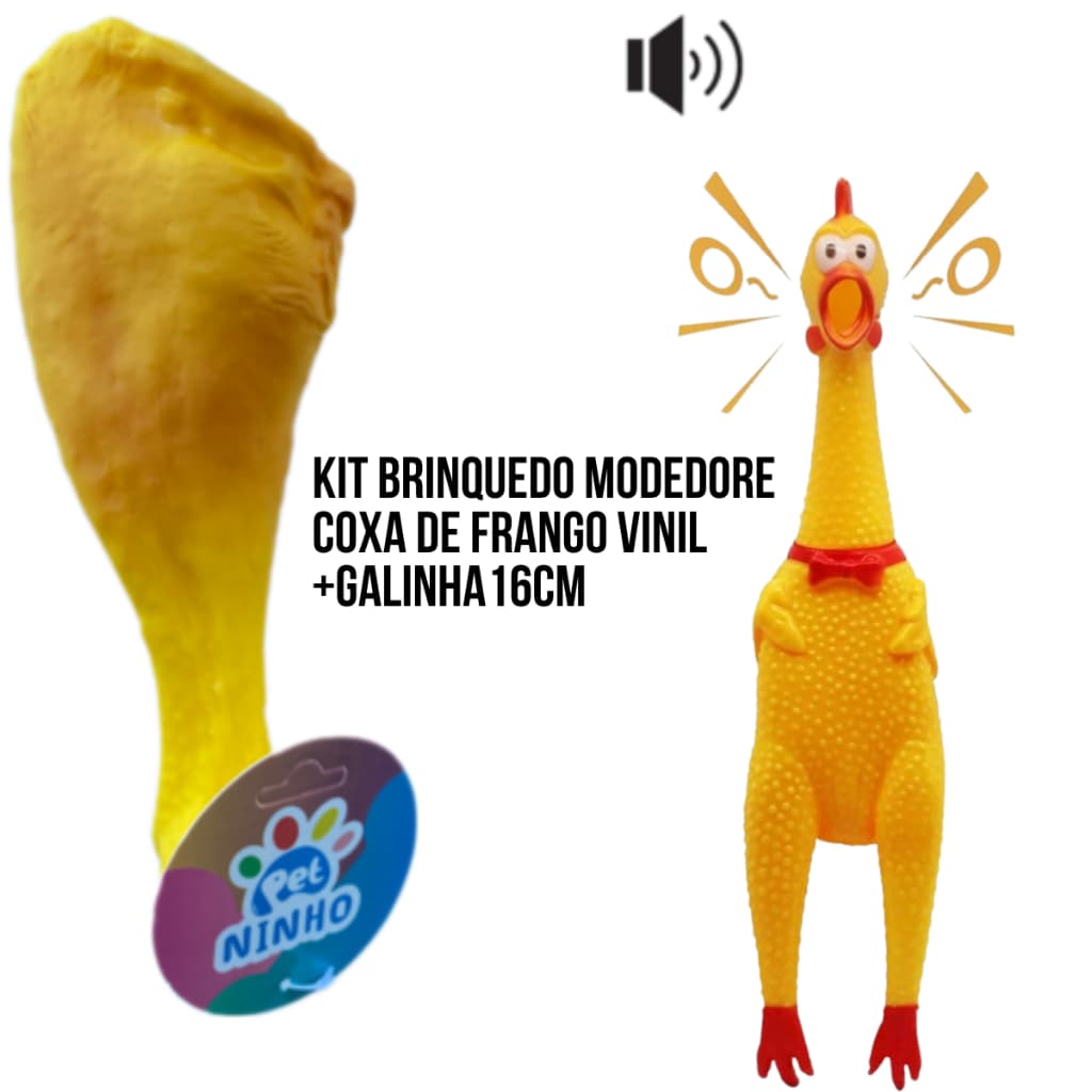 kit de mordedores coxa de frango vinil+ uma galinha borracha com apito