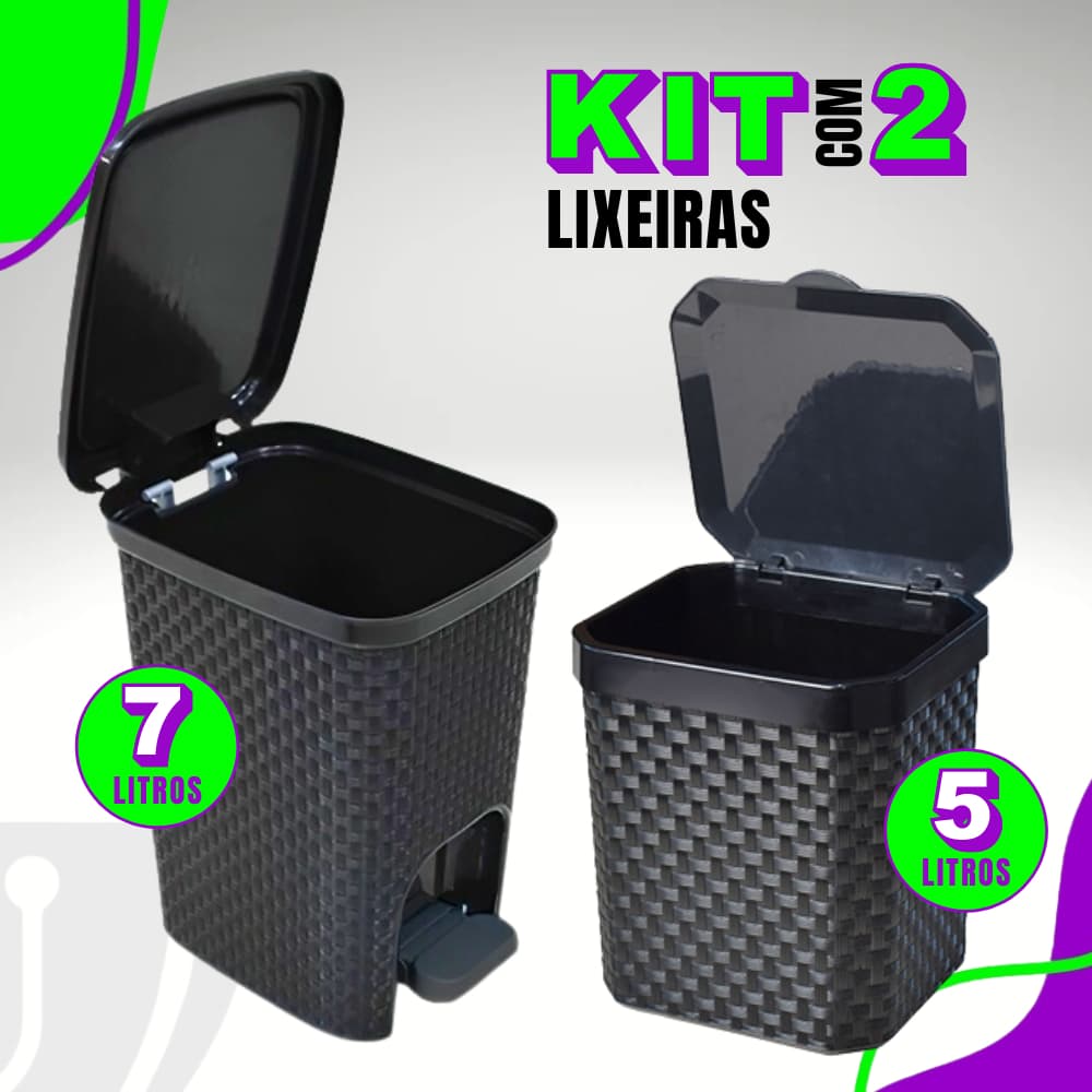 Kit Lixeira Rattan Cesto 7 Litros com Pedal + Lixeira Pia Rattan 5 Litros