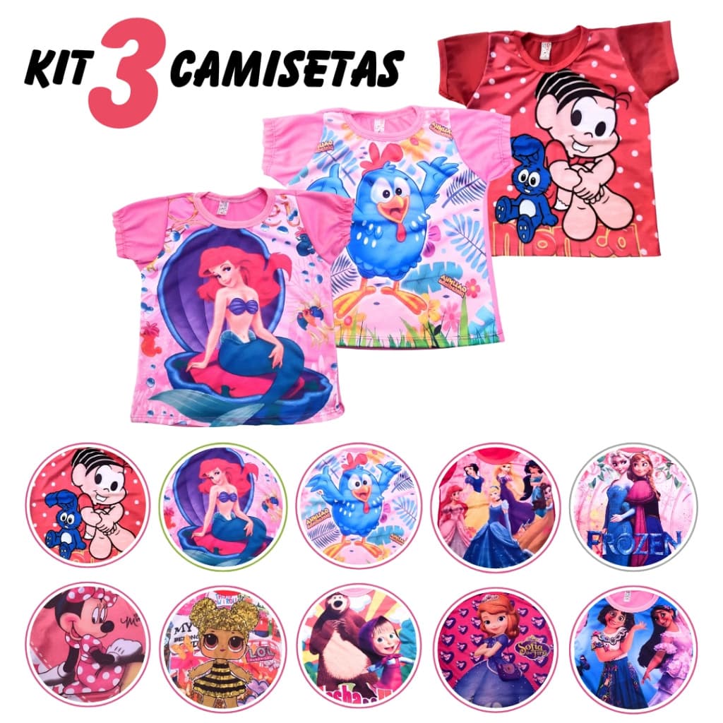 KIT 3 Camisetas Infantil de Menina