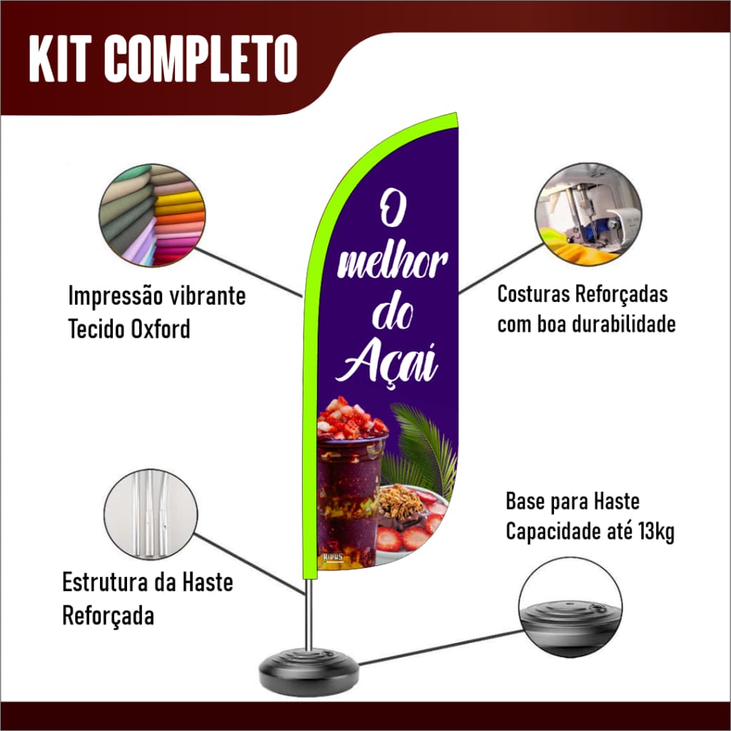 Wind Banner AÇAÍ Bandeira Dupla Face com Kit Completo: bandeira açaí, haste e base