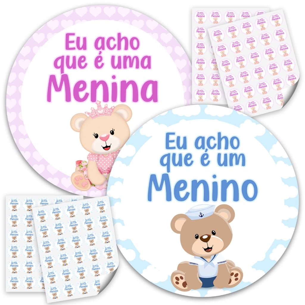 120 Adesivos Chá Revelação Eu Acho Que é Menina Eu Acho Que É Menino Bebê Azul Rosa Lilas e Verde
