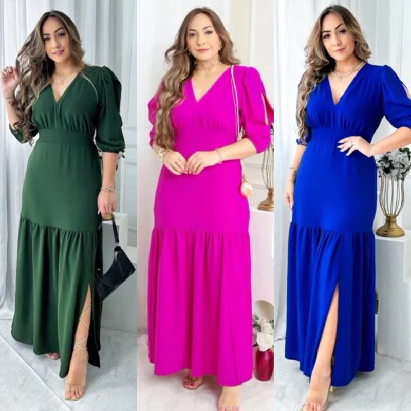 VESTIDO FEMININO LONGO MANGA 3/4 COM FENDA MODA EVANGÉLICA