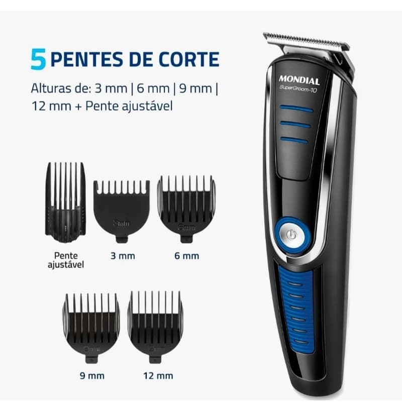 Aparador de Pelos Super Groom 10, Mondial, Preto/Azul, 6W,