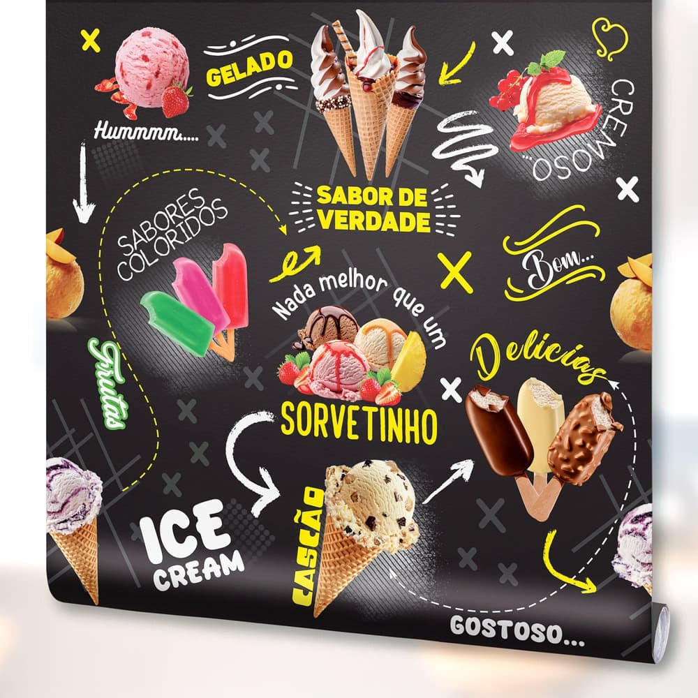 Papel de Parede Decoração Sorveteria Picolé Sorvete Cascão Lavável Preto