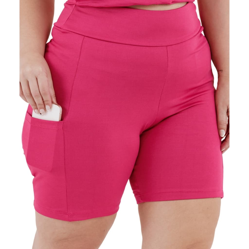Bermuda Academia Feminina Plus Size Cós Alto e Bolsos Fundos Lançamento Pink 3039.S2