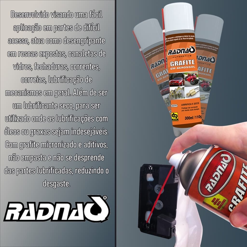 Spray Grafite Aerossol a Seco / Uso Geral - Radnaq 300mL Para Carro Moto