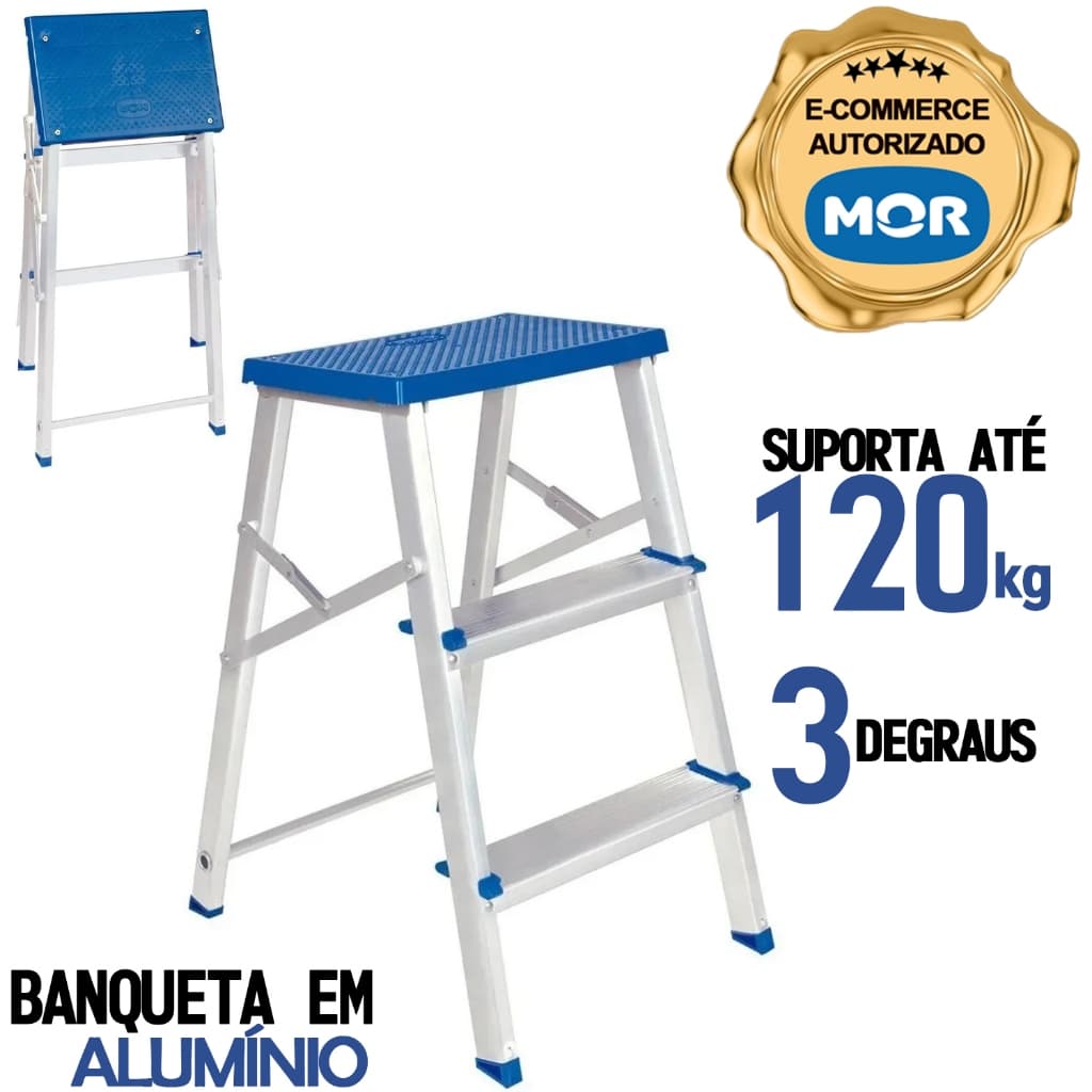 Banqueta Escada Alumínio 3 Degraus Dobrável Forte Reforçada