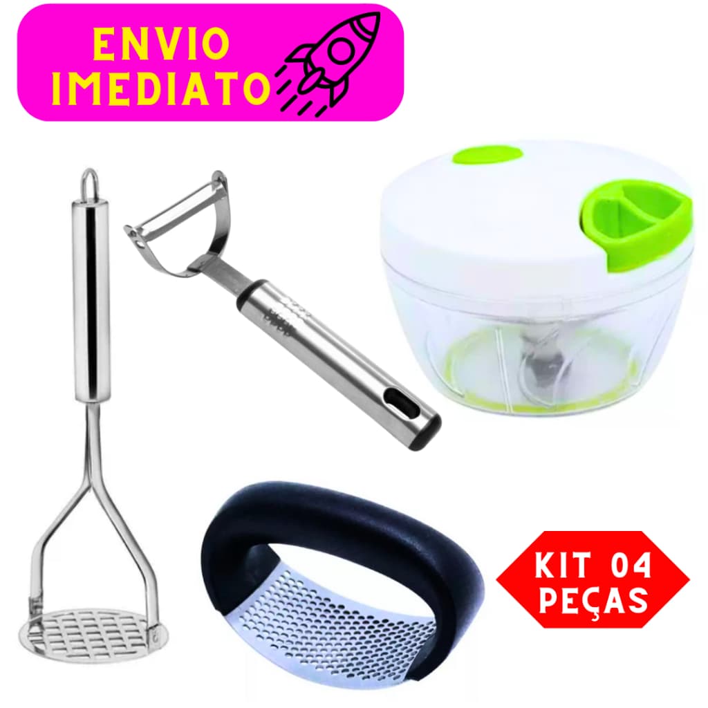 Kit 04 Peças 01 Amassador de Batatas 01 Amassador de Alho 01 Processador 01 Descascador Aço Inox