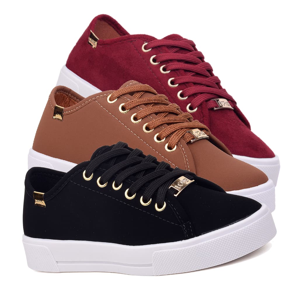 Kit 3 Pares Tenis Feminino Sola Alta Flatform Moda Casual Sapato Confortável Básico