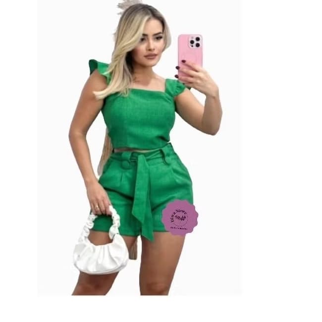 Conjunto feminino Short com cinto e Cropped Alça Larga com babado Tecido Linho