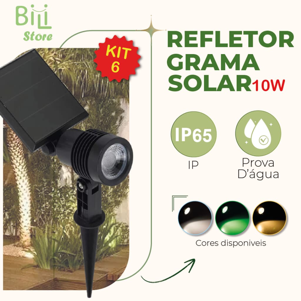 Kit 6 Luminária Espeto Jardim Solar LED 10W Refletor Solar | Luz de Gramado | À Prova D'àgua Avançada