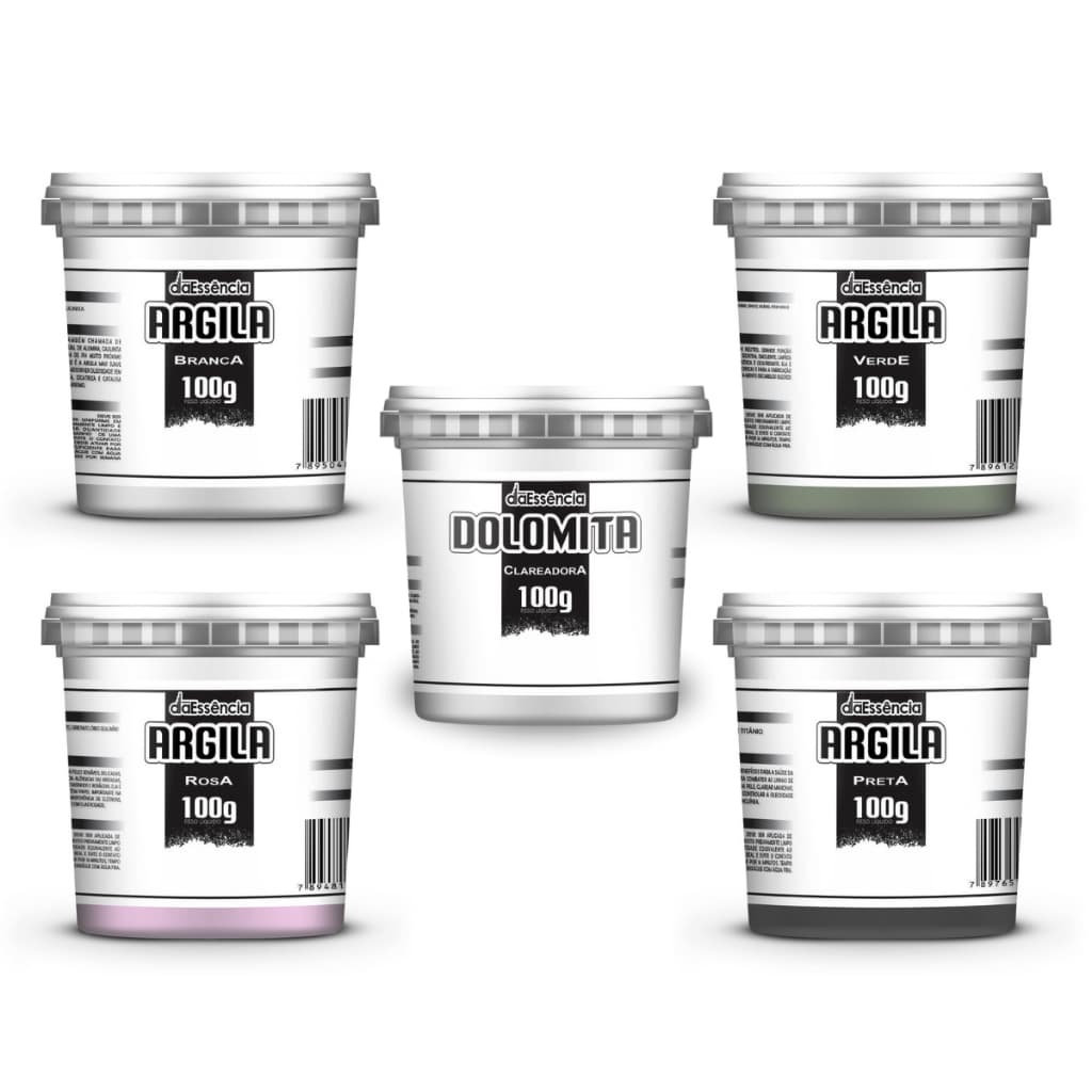 Kit 5 argilas Daessencia 100g Pote (Branca, Verde, Rosa, Preta e Dolomita) Skin Care