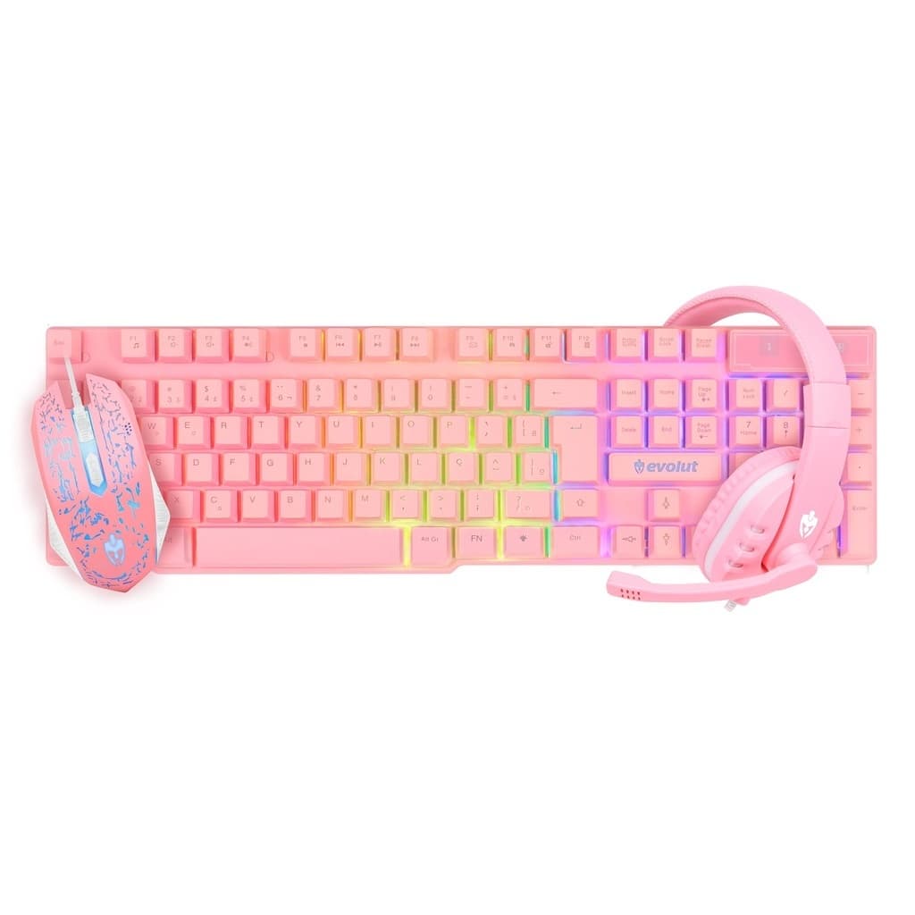 KIT Gamer EVOLUT EG53 ROSA teclado Semi Mecânico, Mouse e Headset LED RGB