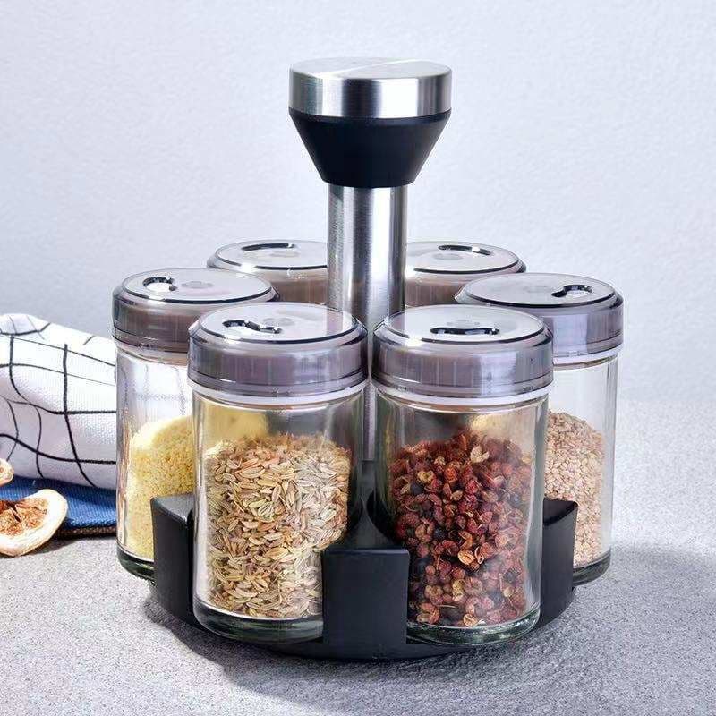 Porta tempero de mesa saleiro transparente condimentos giratória 6 potes de vidro e aço inox OT020