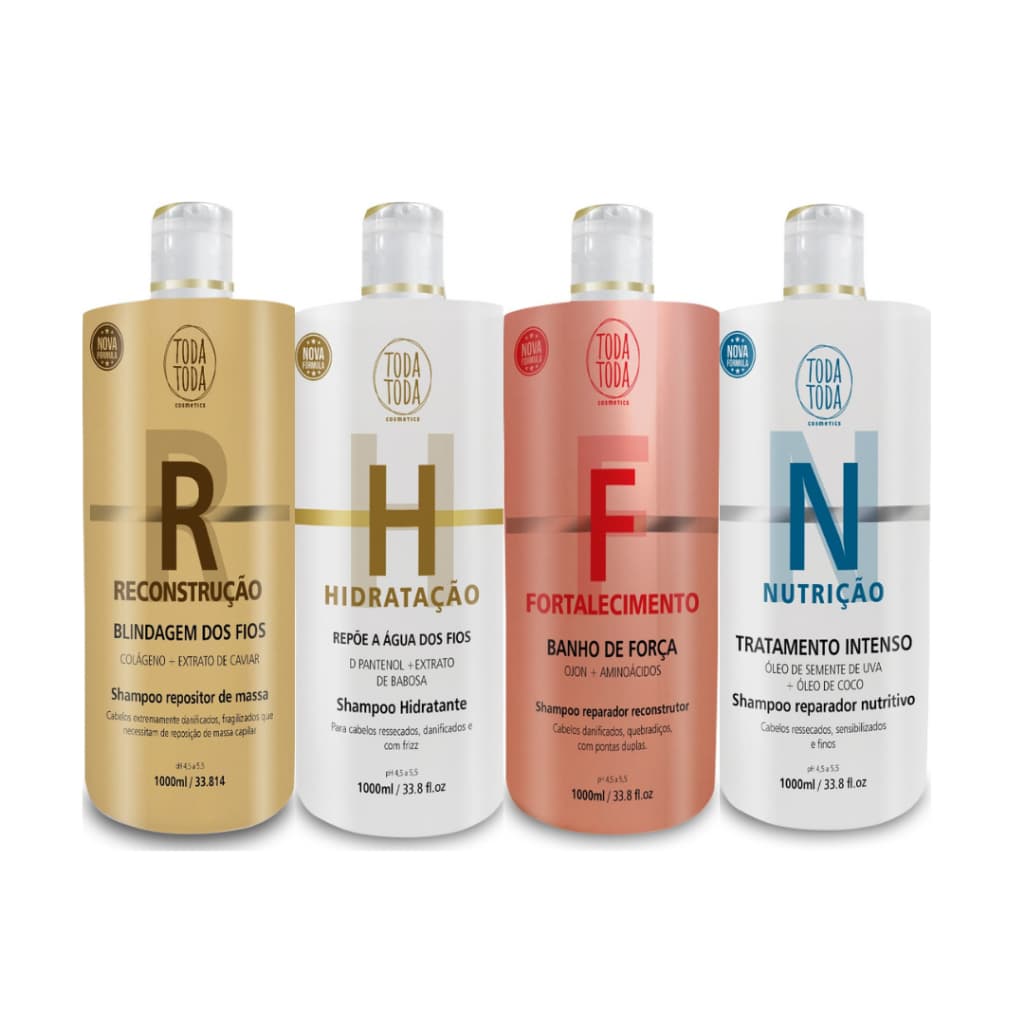 4 Shampoo Reconstrução Nutrição Hidratação Fortalecimento Salão em Casa Litro Toda Toda Cosmetics