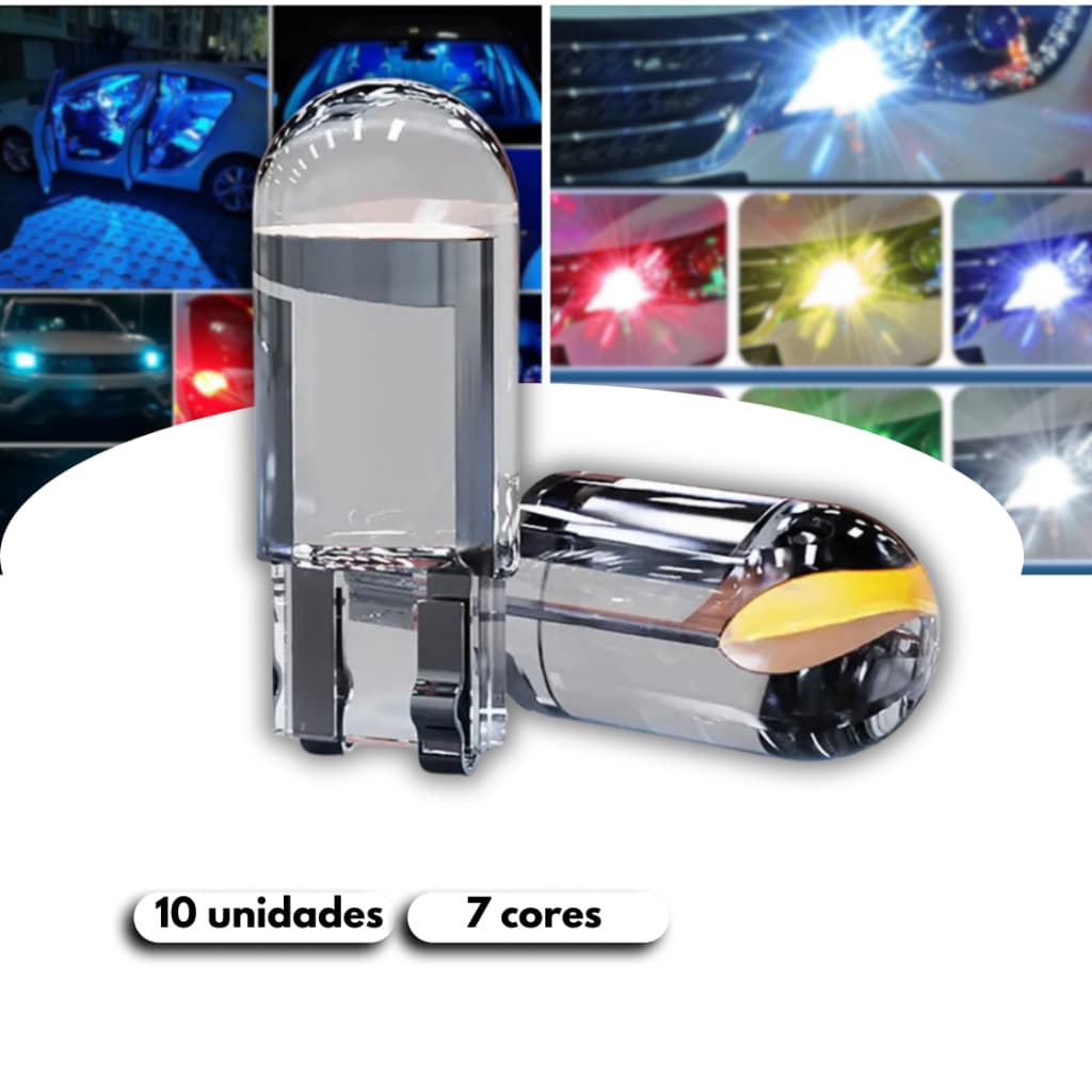 Kit 10 Lâmpada Led Pingo T10 Carro Diversas Cores 9mm 23mm 0,36W-COB Corrente 0,03A - DC12V