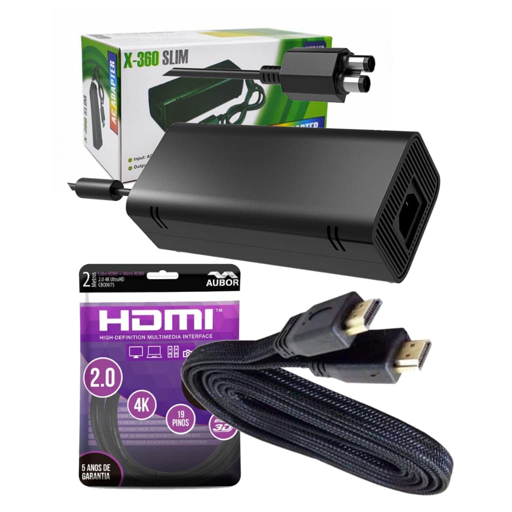 Kit Acessórios XBox 360 Cabos Para Consoles C/ Fonte Bivolt Modelo Slim 2 Pinos + Cabo Força + Cabo HDMI Alta Qualidade