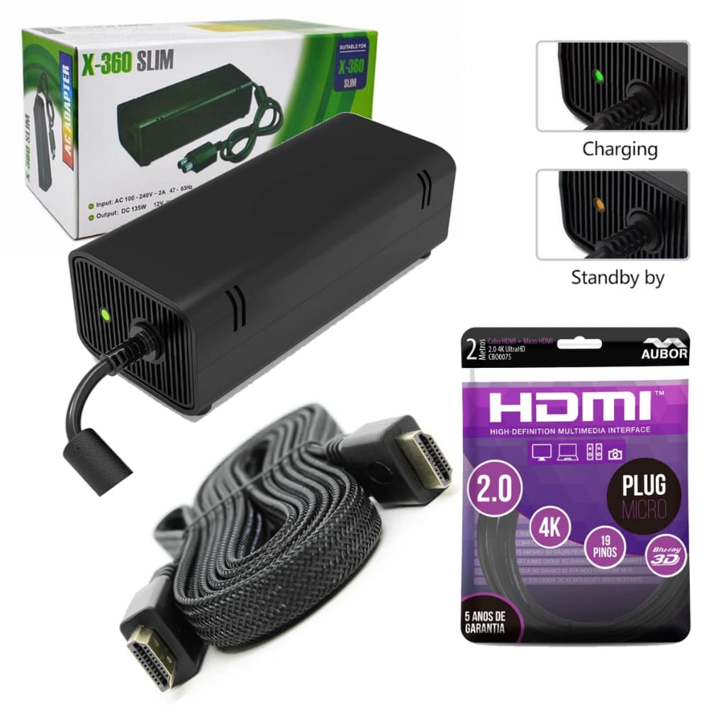 Kit Fonte XBox 360 Bivolt Modelo Slim + Cabo Força + Hdmi 4K Acessórios Para Video Game Xbox 360