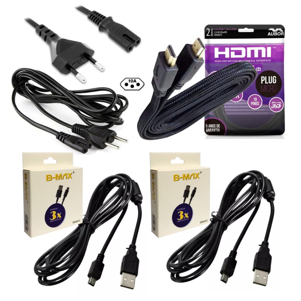 Kit Acessórios Ps3 Cabo P/ Consoles Playstation 3 Cabo Força + Cabo HDMI + 2x Cabo V3 P/Controle Ps3