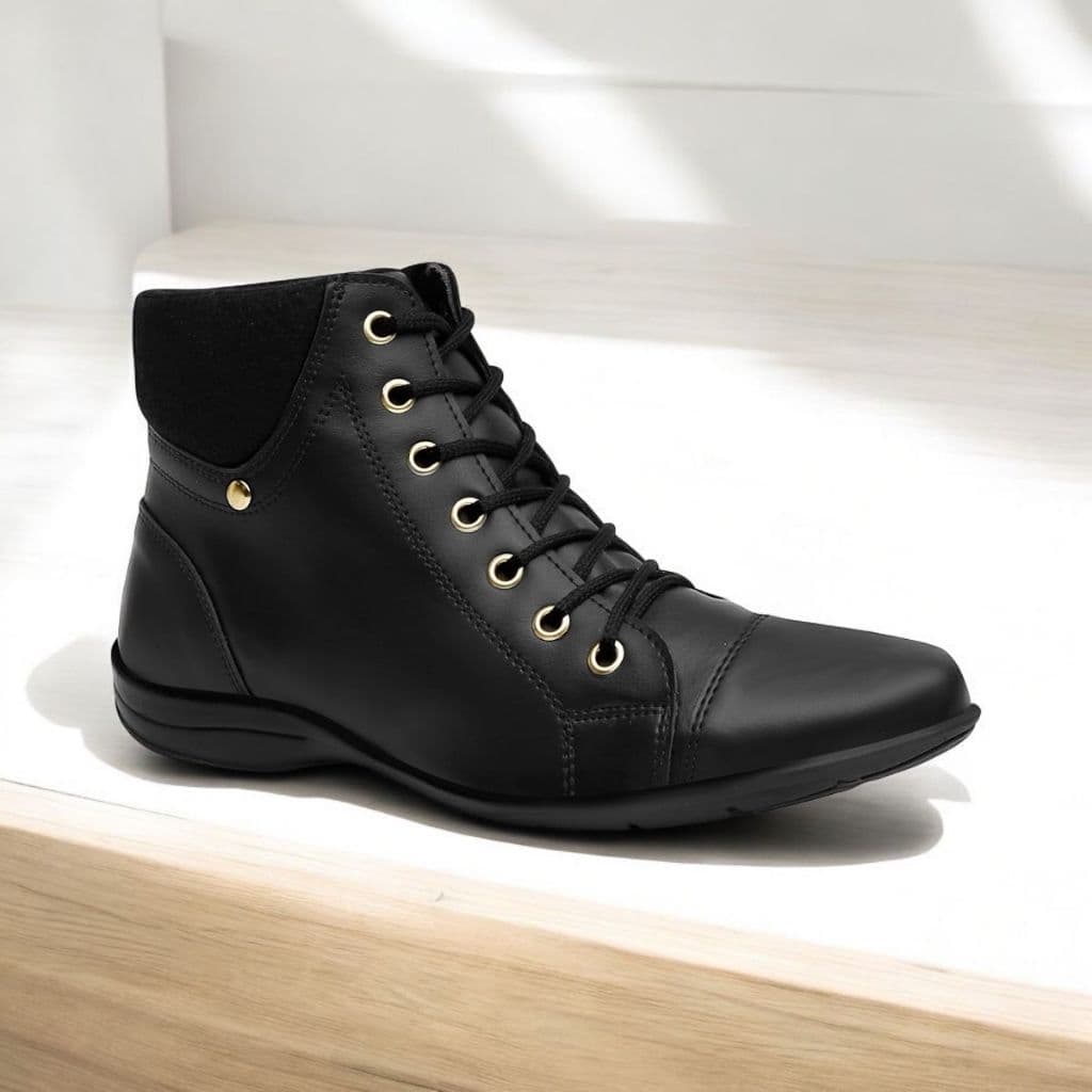 Bota Feminina Coturno Cano Curto Botinha Resistente Com Cadarço Detalhes Lateral Confortável Moderno
