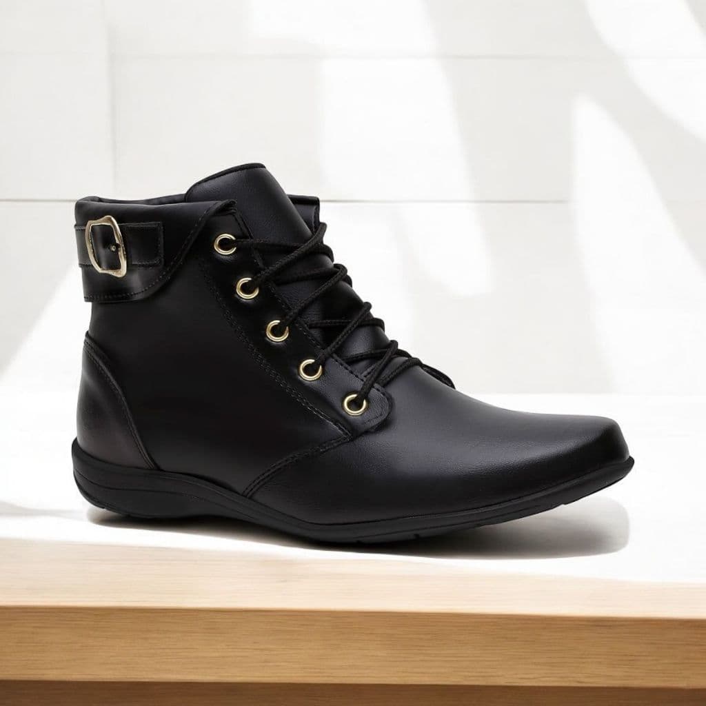 Bota Feminina Botinha Cano Curto Fivela Coturno Sintético Preto Lançamento 2024