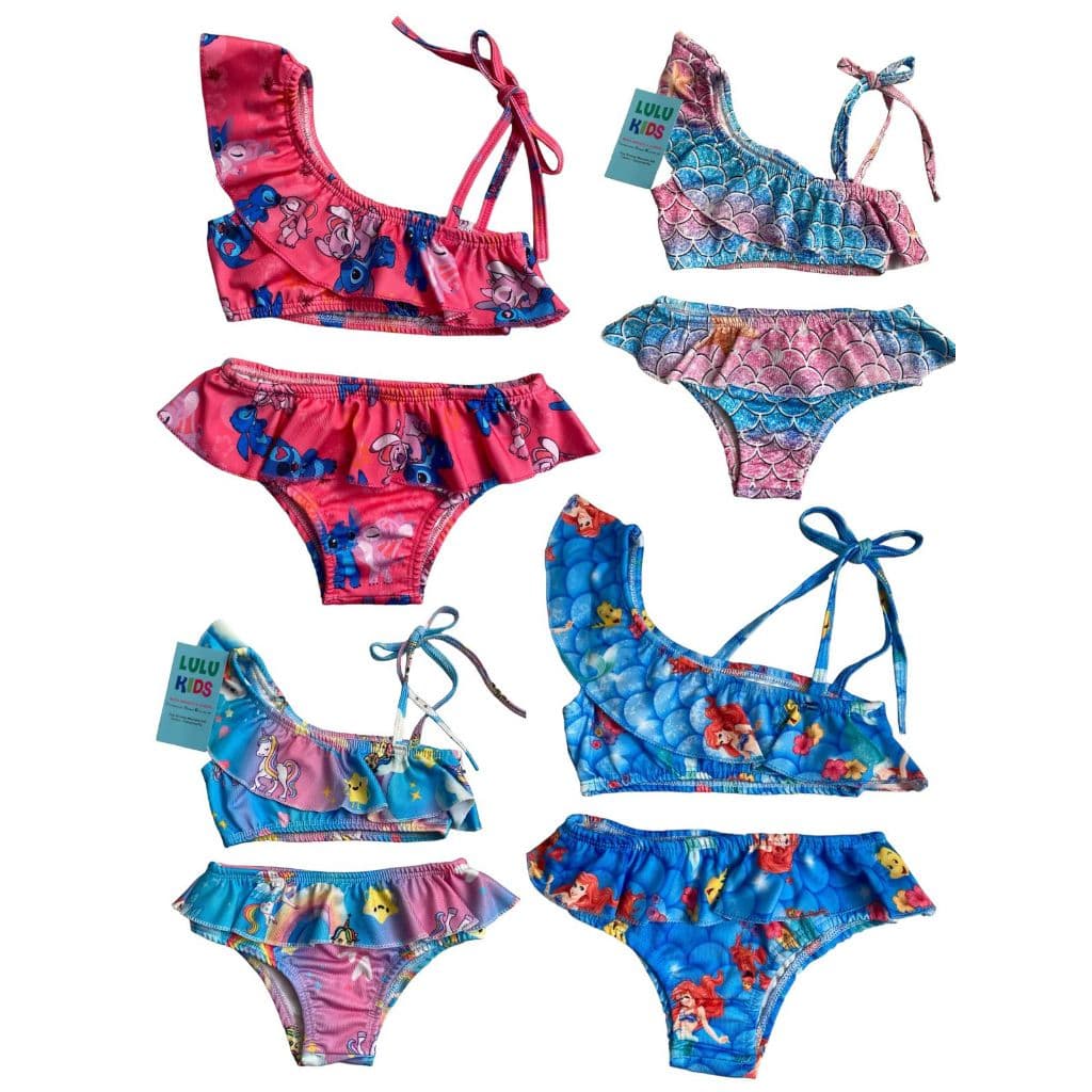 Biquini Babado infantil moda praia sereia/ unicórnio. Biquini Forrado proteção UV menina natação
