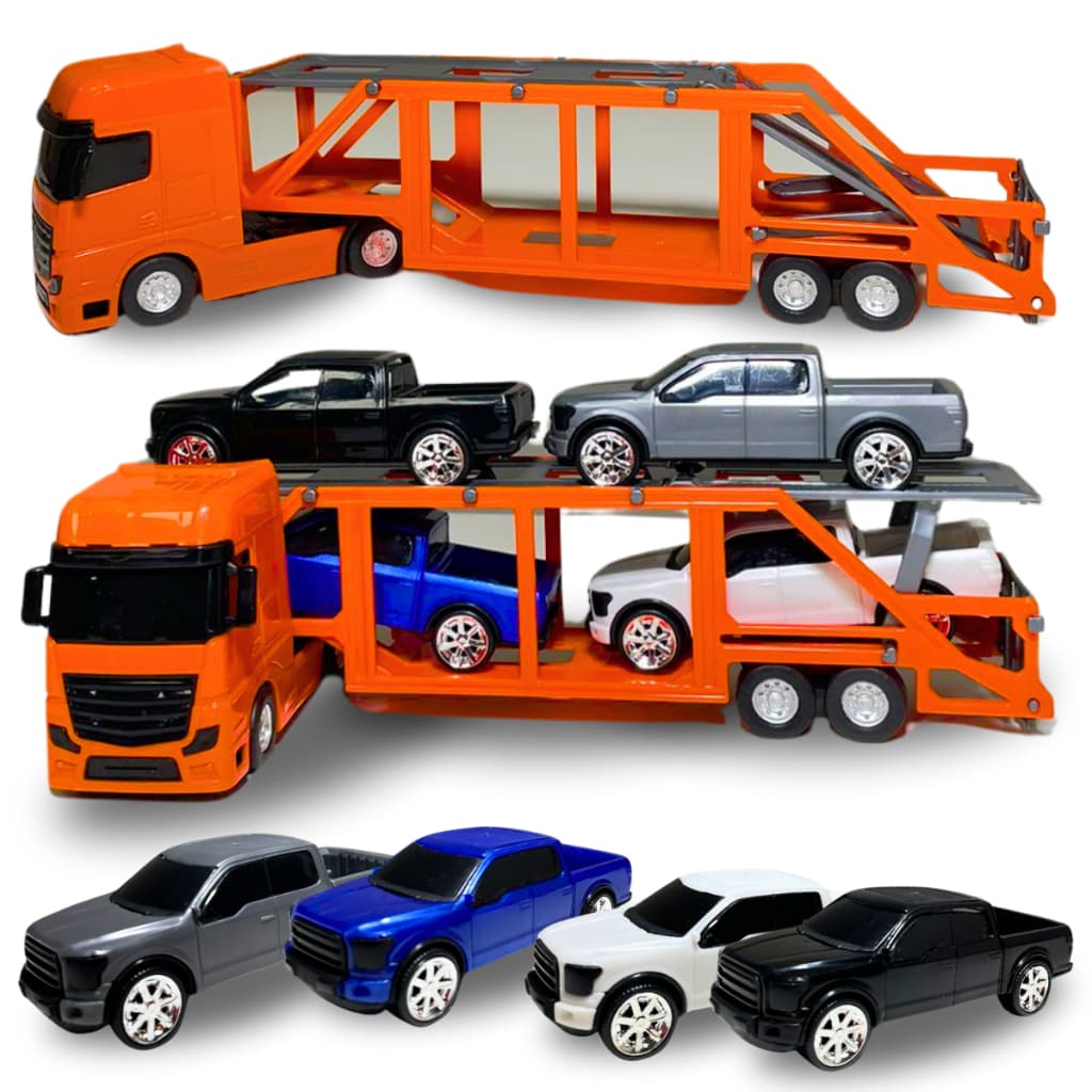 Reboque 4 carrinhos Cegonha Caminhão Camionete Diversão Criança PickUps Menino Rampa Móvel