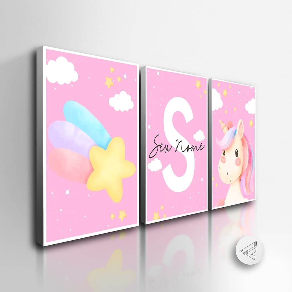 Kit 3 Quadros Decorativos Unicórnio 3 peças *NOME* Personalizado, Quarto, Sala All