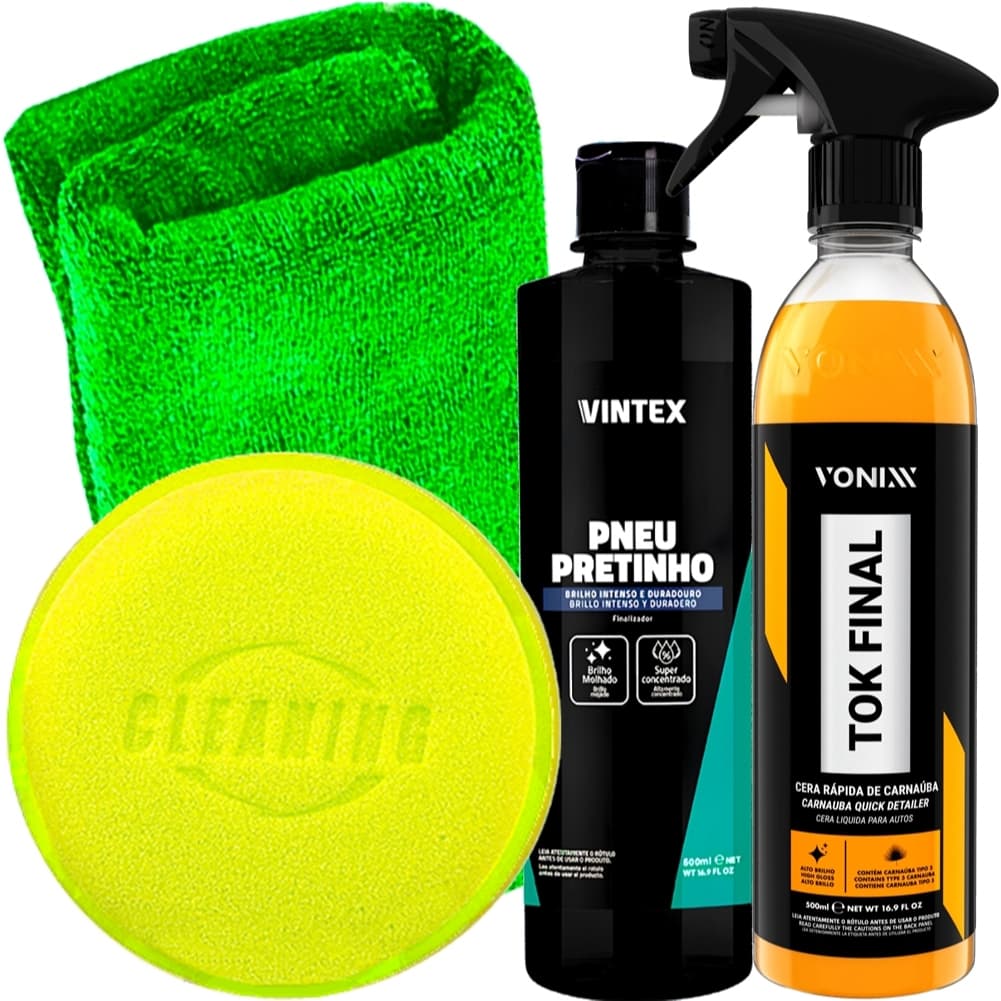 Kit Cera Tok Final Vonixx Pretinho Pneu Vintex 500ml Toalha e Aplicador