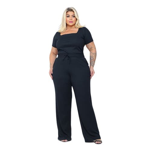 Conjunto Feminino Plus size Calça Wide Leg E Blusa Gola Quadrada Alta Elasticidade até G4