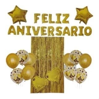 Kit Balão Metalizado e Cortina Metálica Bexigas Nome Feliz Aniversario Dourado