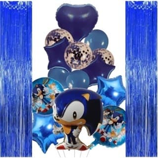 Kit Balão Metalizado e Bexiga Sonic e Turma Azul 16 Pçs