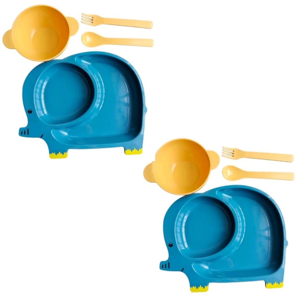 KIT 2 JOGO DE PRATINHO PAPINHA 4PÇS FORMATO DE ANIMAIS DIVERTIDOS BEBÊ Prato Tigela COLHER GARFO