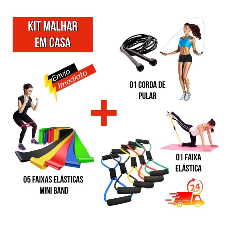 Kit Malhar em Casa 4 Mini Band e ou 1 Corda de Pular Profissional e ou 1 Elástico Extensor