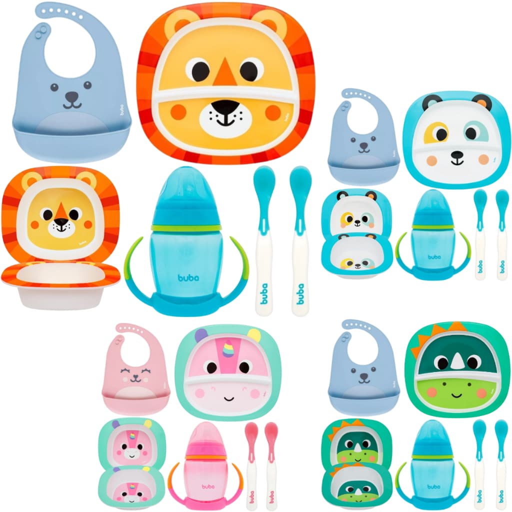 Kit Introdução Alimentar Buba Bubazoo Prato Raso com Divisória Prato Bowl Babador em Silicone Copo Colher Termossensível