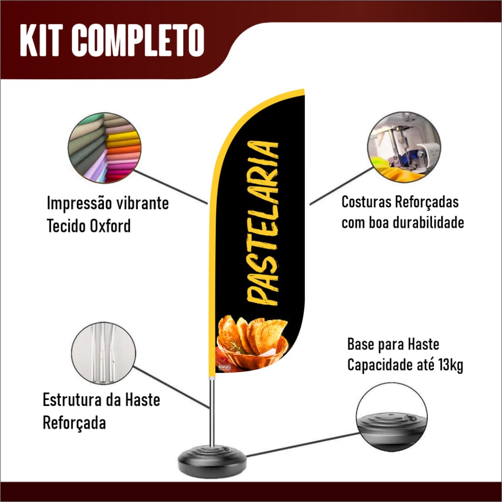 Wind Banner para PASTELARIA com bandeira Dupla Face - Kit Completo com: bandeira, haste e base