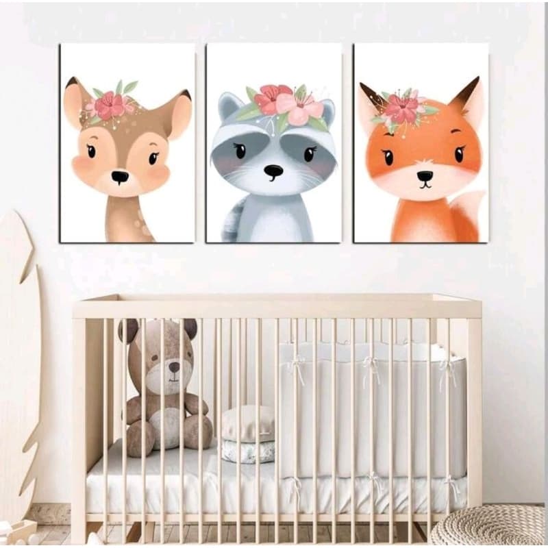 Quadro Decorativo 3 Peças Infantil Bichinhos Divertidos Flores