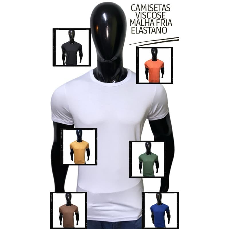 Camiseta básica malha fria Viscolycra modelagem Slim fit e Tradicional viscose e elastano.