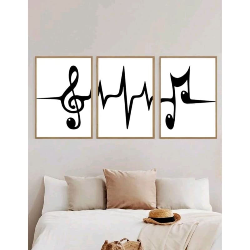 Quadro Decorativo 3 Peças Moderno Notas Músicais Sala Quarto Hall