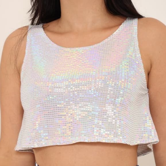 Regata Cropped Feminino Para Festa Moda Balada Holográfico