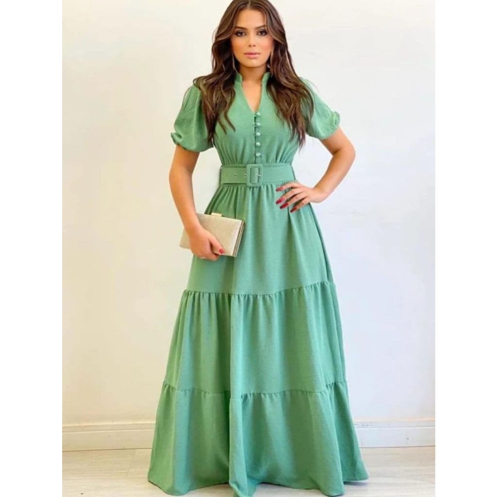Vestido Longo Modelo Todo Em Duna Decote Em Botões