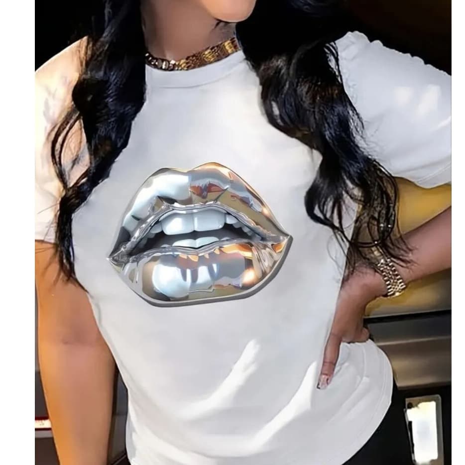 Camiseta Feminina Oversized Streetwear Boca Prata Blusa Tendencia 2024 Estampada