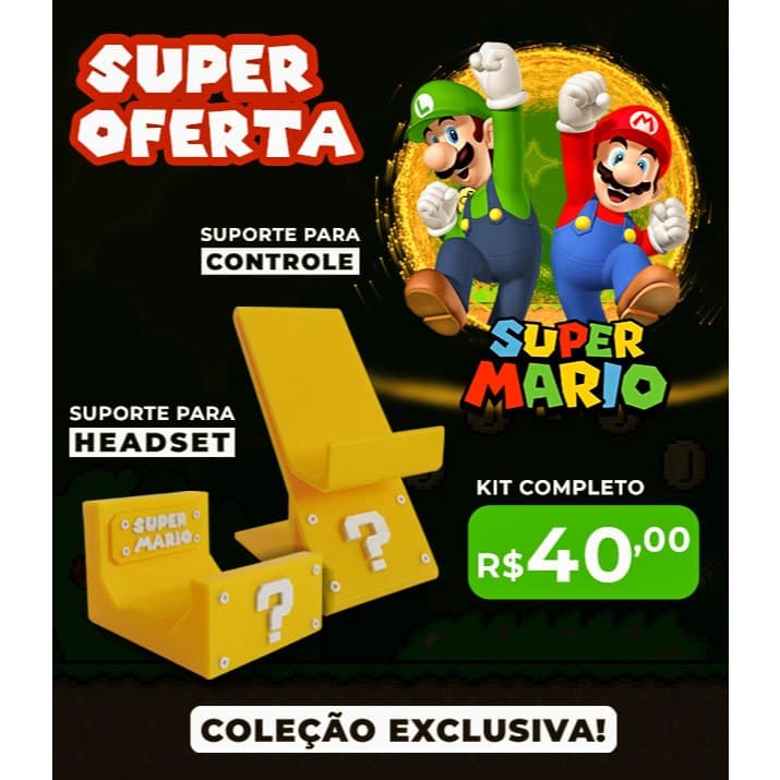 Kit Suporte Controle + Suporte Headset Super Mário Exclusivo