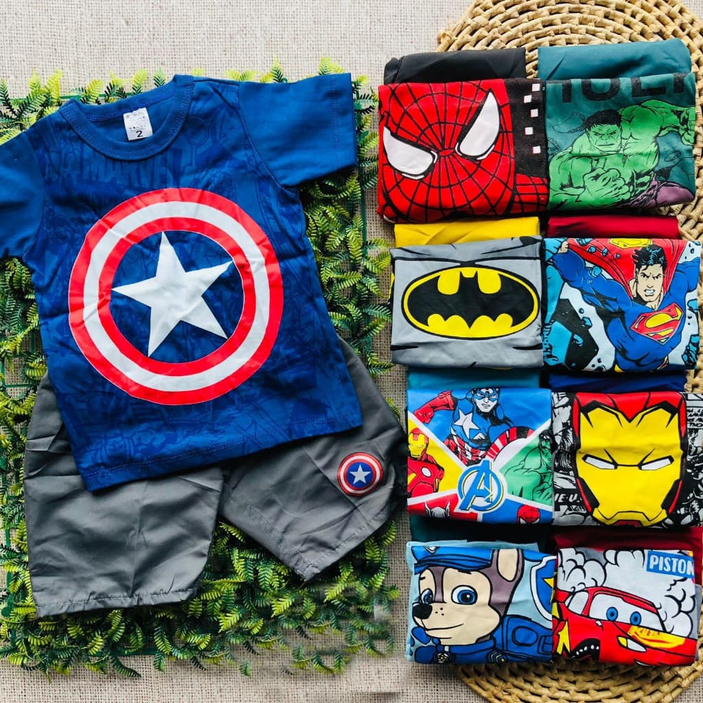 Conjunto infantil camiseta e short personagem roupa temática menino Hulk, Batman, homem aranha, super Homem, capitão
