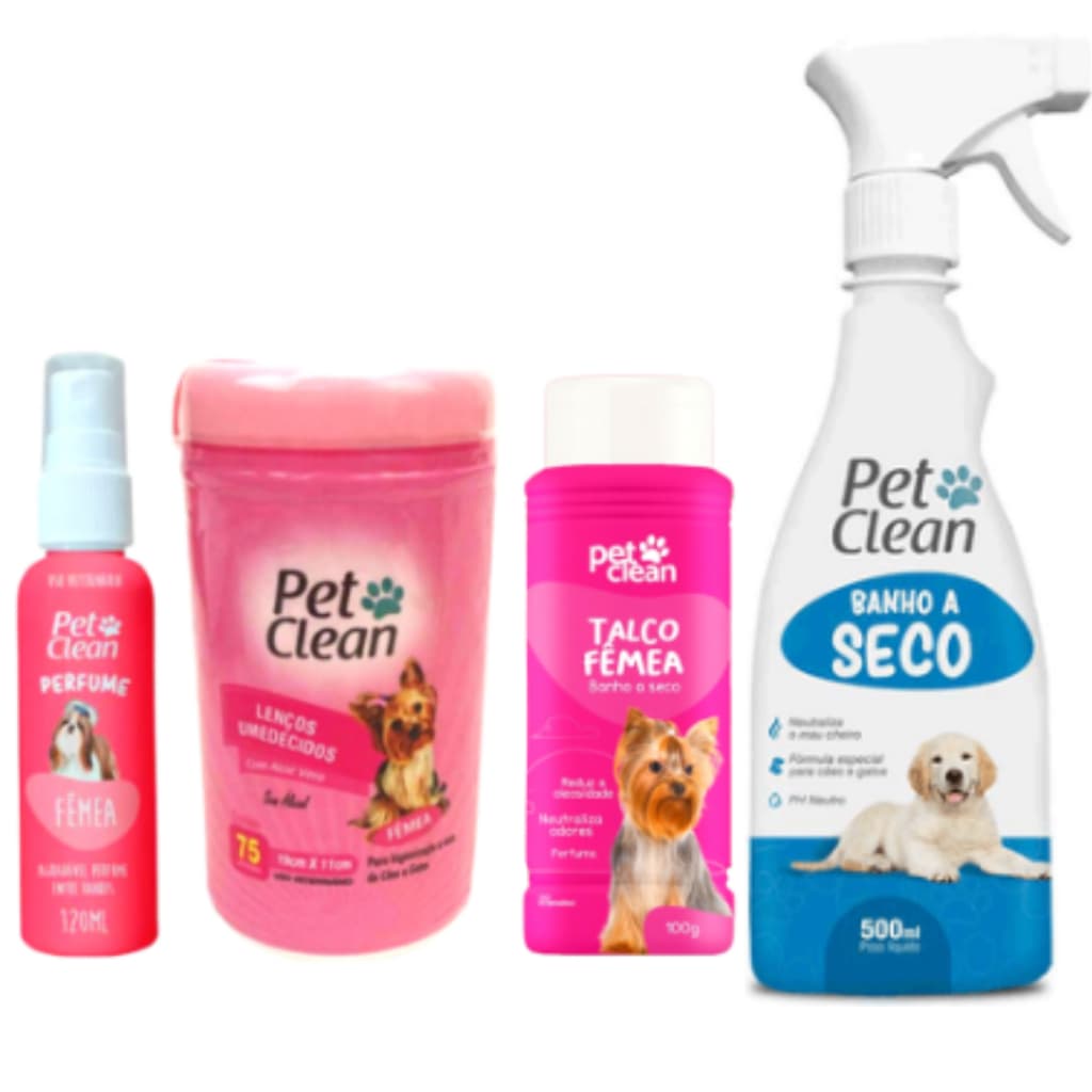 Kit Banho a Seco 500ml Pet Clean + Talco Pet Clean 100g + Lenço Umedecido 75un + Perfume Pet 120ml