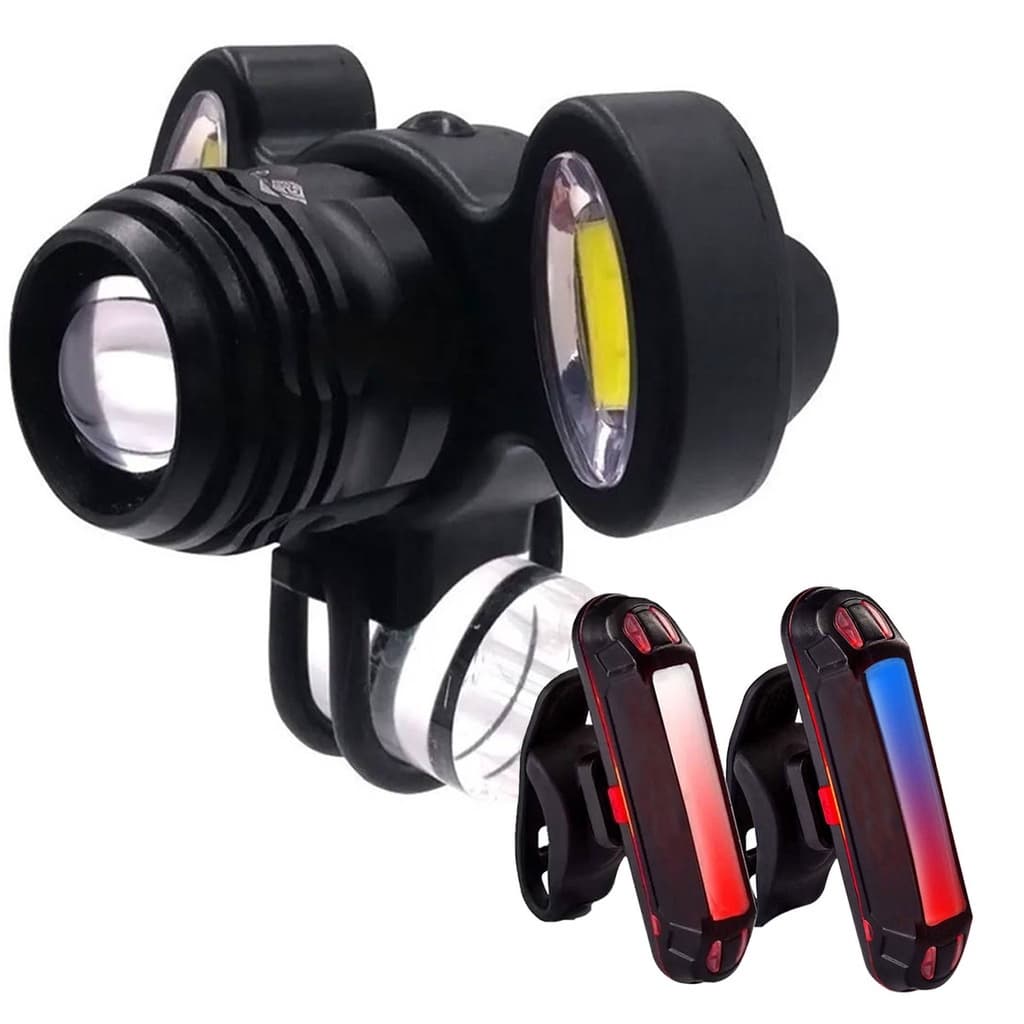 Farol Lanterna Bike E Camping 3 Focos Led Zoom Ajustável Bateria Recarregável + Sinalizador Traseira Bike Led Recarregável Usb 2 Cores