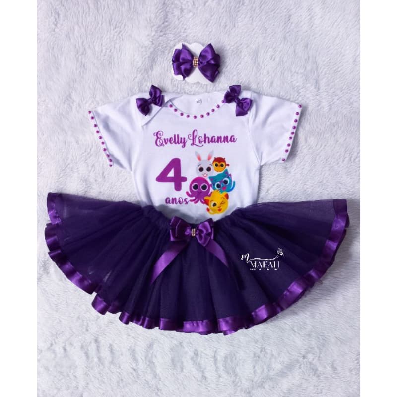 Fantasia Bolofofos Roxo Adulto e Infantil 4,6,8,10 e 12 anos Camiseta Personalizada Saia de Tutu e Laço de Cabelo