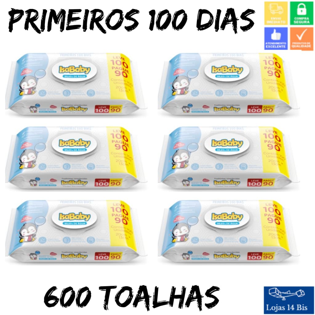 6 Toalhas Umedecidas Lenço Isababy 100 Primeiros Dias c/100 Recém Nascidos Tampa Flip Top