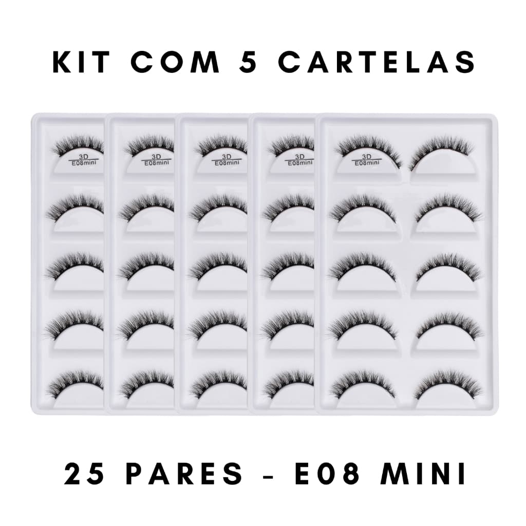 KIT COM 5 CARTELAS (25 PARES) CILIOS POSTICOS 3D E08 MINI